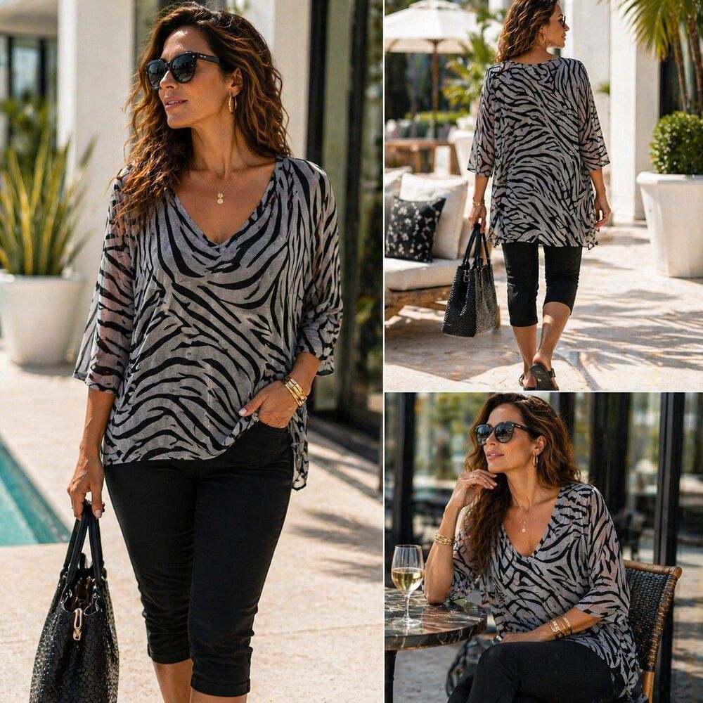 J Valdi Grey 3/4 Sleeve Plus Sz 2X Zebra Striped Semi Sheer V-Neck Tunic Top